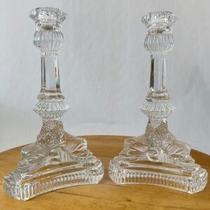 Pair of Tiffany & Co. Crystal Candlesticks Candle Holder Dragon Motif Base 8"